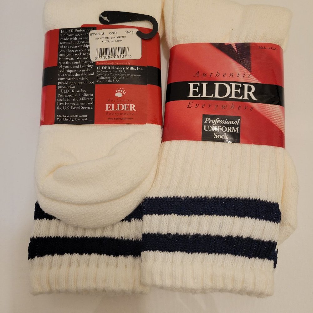 Elder crew socks uniform white  with navy blue stripes men's 10-13